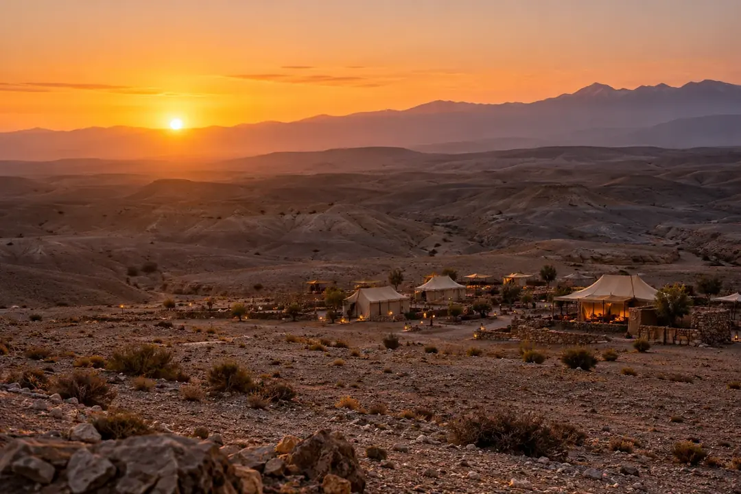 Sunset over Agafay's rocky hills and a small Moroccan camp