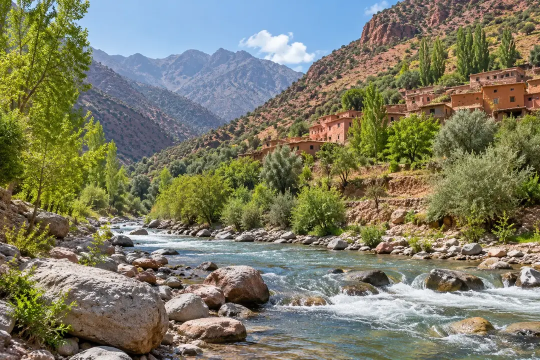 Ourika River flowing past traditional villages in the High Atlas